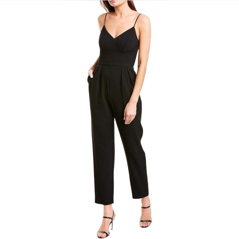 Eliza J Spaghetti Strap V-neck Cropped Jumpsuit Black Pockets Versatile Size 16